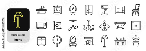 Home interior and furniture line icon set. Vector pictograms of sofa, bed, chair, table, wardrobe, bookshelf, chandelier, carpet, mirror, thin outline illustration.