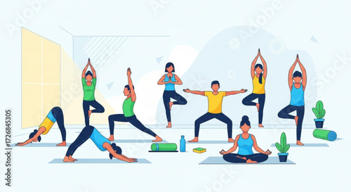 Group of people doing yoga poses in a studio with mats and plants in a fitness wellness illustration