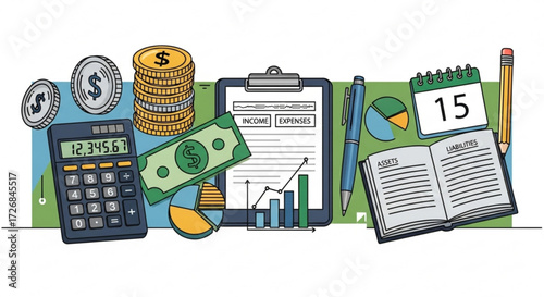 Illustration showing financial planning with calculator, coins, chart, calendar, and accounting book items