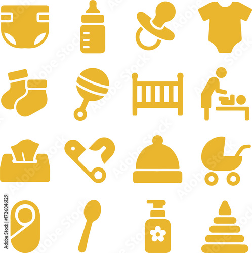 Diaper Theme 16 Solid Color Icon Set Collection on White Background