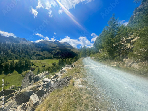 Scenic mountain trail in the Mont Avic Natural Park near Champorcher, Aosta Valley, Italy. A gravel road winds through a forested alpine landscape, flanked by rocky slopes and grassy meadows.