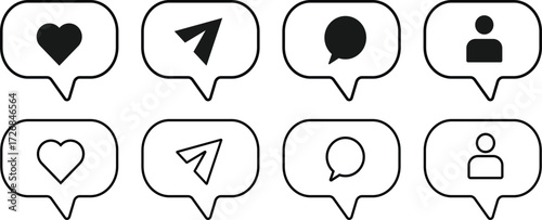 Set off Social media notification icons button, Social media Like, heart, comment, share icon, Social media notification icons comment, illustration,
