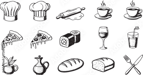 Food And Drink Icons Chef Hat Rolling Pin Pizza Sushi Wine cooking hat dough