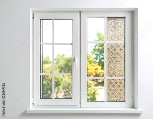White window with decorative screen