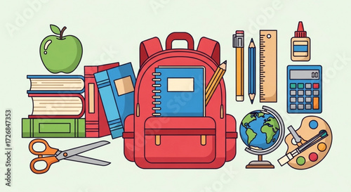 Illustration of a red backpack surrounded by school supplies including books, apple, and art materials