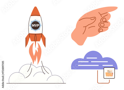Rocket launching labeled MVP, pointing hand emphasizing direction, and cloud with data storage. Ideal for startup, leadership, innovation, technology, business strategy, guidance digital