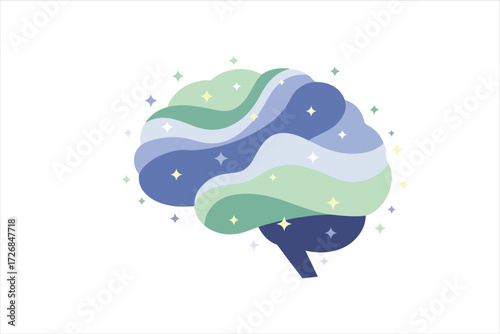 Abstract illustration of a stylized brain with layered pastel colors and glittering details.