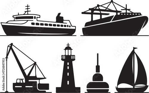Nautical transport and port icons set