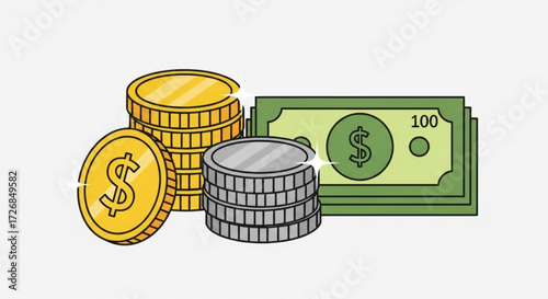 Illustration of stacked gold and silver coins with dollar bill money on a white background scene view