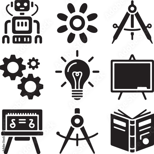 Education icons: robot, flower, compass, gears, lightbulb, board, book