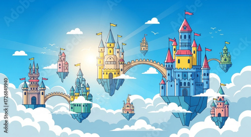 Illustration of multiple colorful castles floating on islands in the sky connected by bridges and clouds