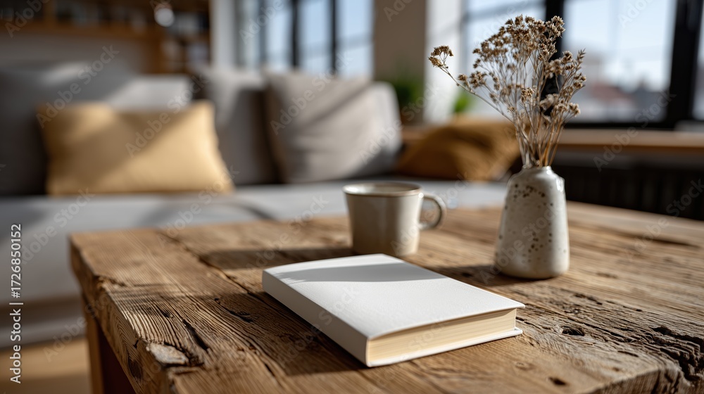 Fototapeta premium Table en bois rustique avec livre ouvert et décoration minimaliste