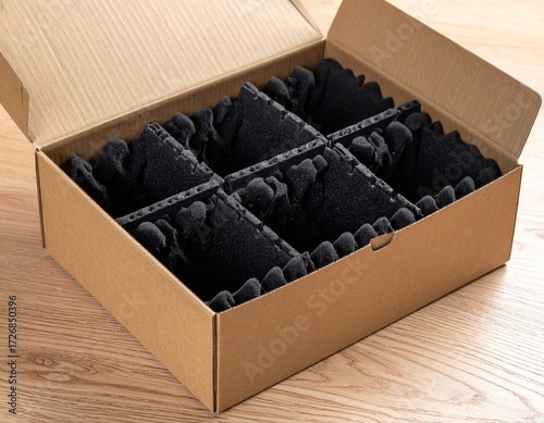 Cardboard box with protective foam inserts for packaging delicate items.
