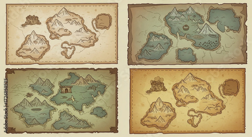 Four different fantasy world maps with mountains, islands, and buildings on parchment backgrounds