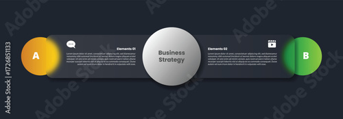 2 points infographic with glassmorphism style with big circle center with small on edge with 2 elements vector