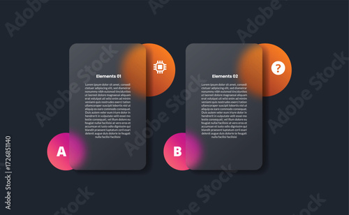 2 points infographic with glassmorphism style with vertical round box with circle badge top and bottom side with 2 elements
