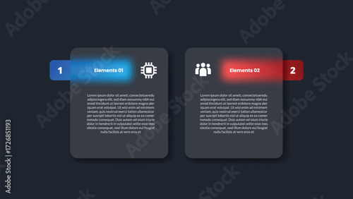 2 points infographic with glassmorphism style with table box with header badge opposite comparison with 2 elements