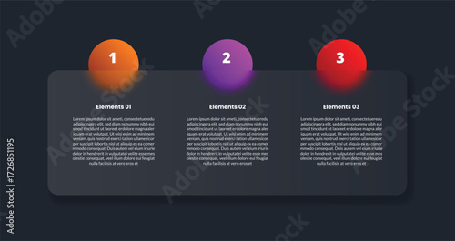 3 points infographic with glassmorphism style with long rectangle box with circle badge on top with 3 elements
