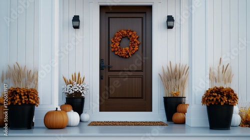 This fall porch features pumpkins, pampas grass, and colorful mums in black metal pots, along with a white door and an autumn wreath, creating a warm, inviting atmosphere