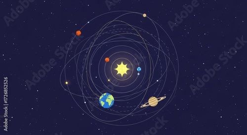 Illustration of the solar system with planets orbiting the sun against a starry night sky background