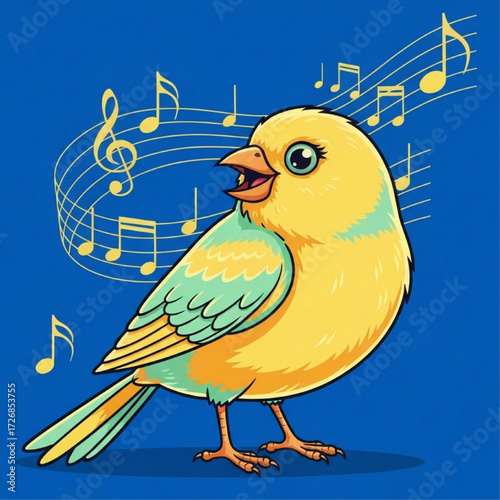 A cheerful yellow canary singing a joyful melody with musical notes floating in the air