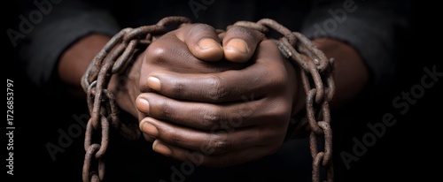The symbolic depiction of servitude reveals deep anguish bound by chained hands and worn shackles.