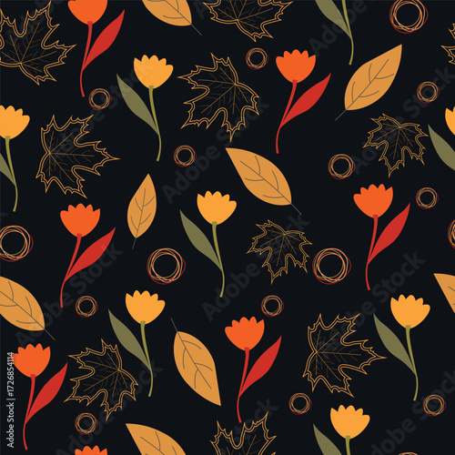 Print autumn_seamless_pattern_stylized_fall_foliage_with_vibrant_leaves_seasonal_themed_black_background