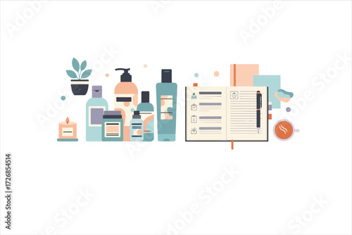 Flat lay design showcasing beauty products, a notebook, and a pen, suggesting a focus on self-care and organization.