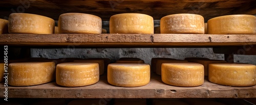 Obraz  z motywem Cheese wheels maturing on wooden racks in a cozy artisan dairy with cheesemaker.