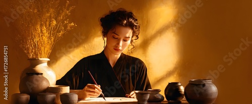 Woman practicing calligraphy at a rustic desk with glowing golden light and elegant shadows
