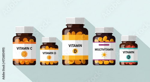 Five vitamin supplement bottles including vitamin c, vitamin d, and multivitamin on a light background