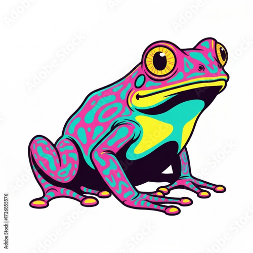 Colorful frog illustration on a white background. Artistic nature artwork, vibrant design