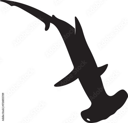 Hammerhead shark in motion silhouette, Shark swimming black and white design