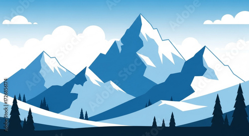 Illustration of a mountain range with snow capped peaks and evergreen trees under a cloudy blue sky view