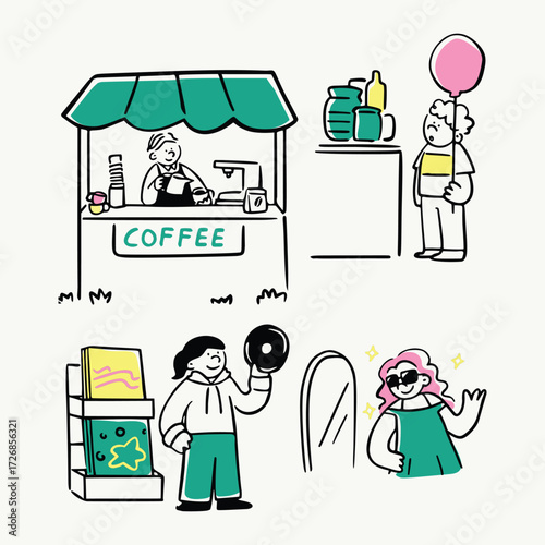 Fun doodle illustrations of various weekend flea market activities in outdoor settings