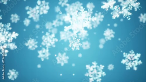 Stylized 3d animation of magical falling snowflakes on a blue winter christmas background
