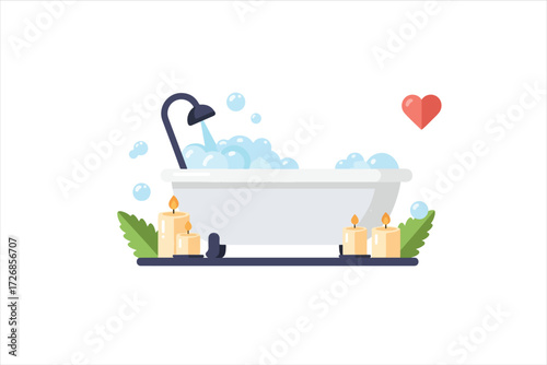 Illustration of a white bathtub filled with bubbles, accompanied by candles, green leaves, and a red heart.