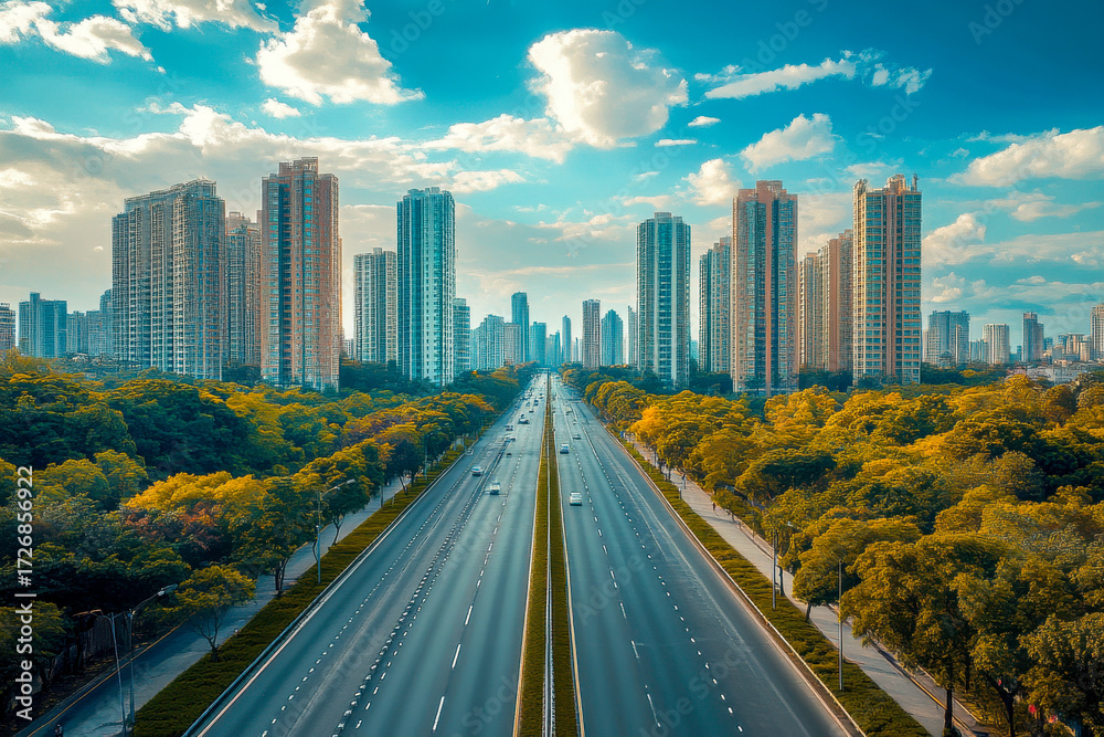Fototapeta premium Busy road lined with trees and tall buildings under a blue sky with fluffy clouds during a bright day
