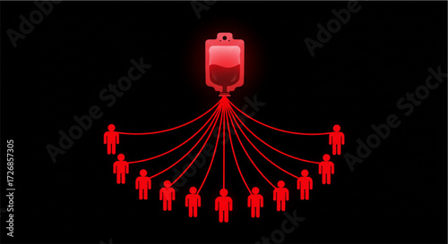 Dark, low-key illustration of a blood bag supplying multiple stick figures below, signifying global donation reach.