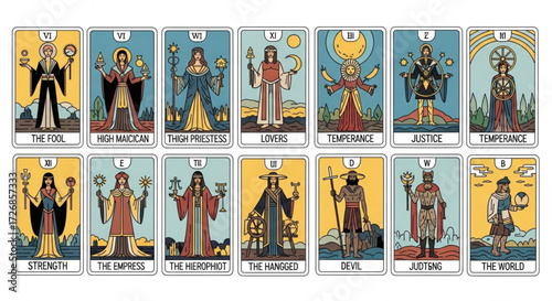 Illustration showing a collection of tarot cards with various symbolic figures and archetypal representations
