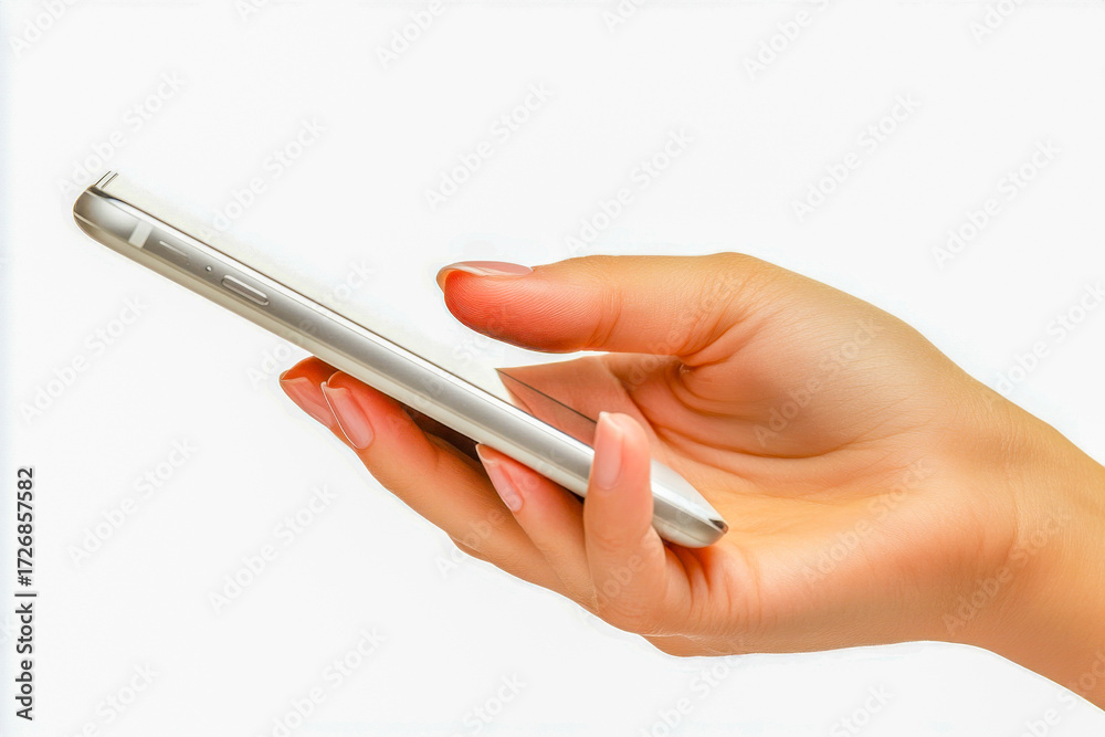 Fototapeta premium A hand is shown gripping a smartphone with a white background, perfect for focusing on mobile communication
