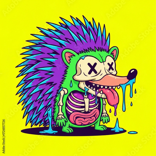 Funny Cartoon Skeleton Hedgehog with Dripping Spines and Tongue