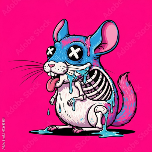 Melting Chinchilla Skeleton Illustration with Vibrant Pink Background