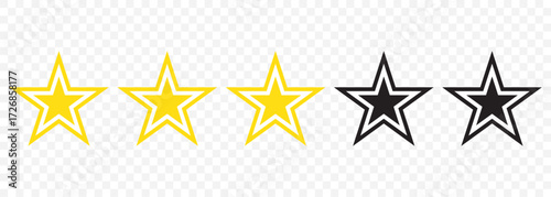 5 star icon. Feedback or Rating. Four star rating icons. Yellow five star sign with text for app, website, ui design element. Vector illustration on Transparent background. EPS 10.