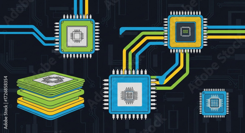 Illustration showing several computer chips connected by blue green and yellow lines on a dark background