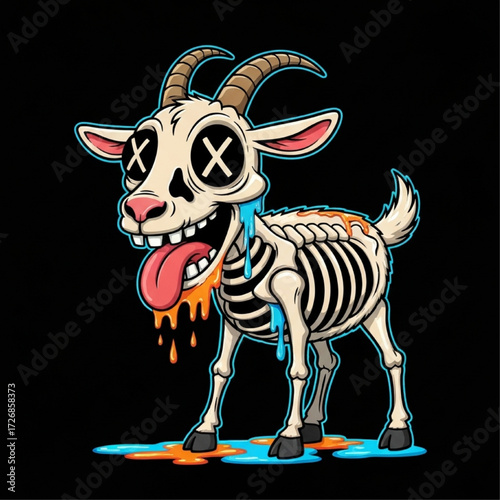 Vibrant and spooky cartoon illustration of an undead zombie goat with a skeletal body