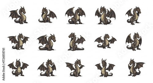 Fifteen cartoon dragons with dark gray scales and wings arranged on a white background in a grid pattern