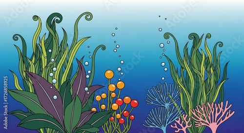 Illustration of underwater scene with seaweed, coral, bubbles, and plants in a blue gradient background