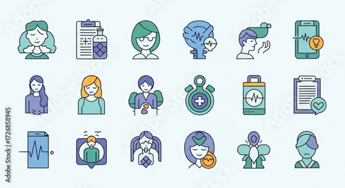 Illustration showing various mental health and well being icons including people and medical devices