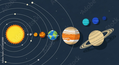 Illustration of the solar system with the sun and planets orbiting in a dark blue starry background
